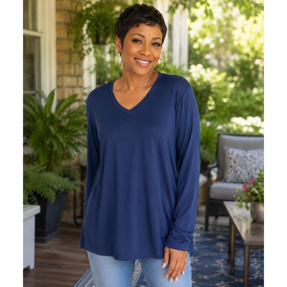 Uratot Womens XXL Navy‎ Blue V-Neck Long Sleeve Tunic Top Stretch Jersey Tee